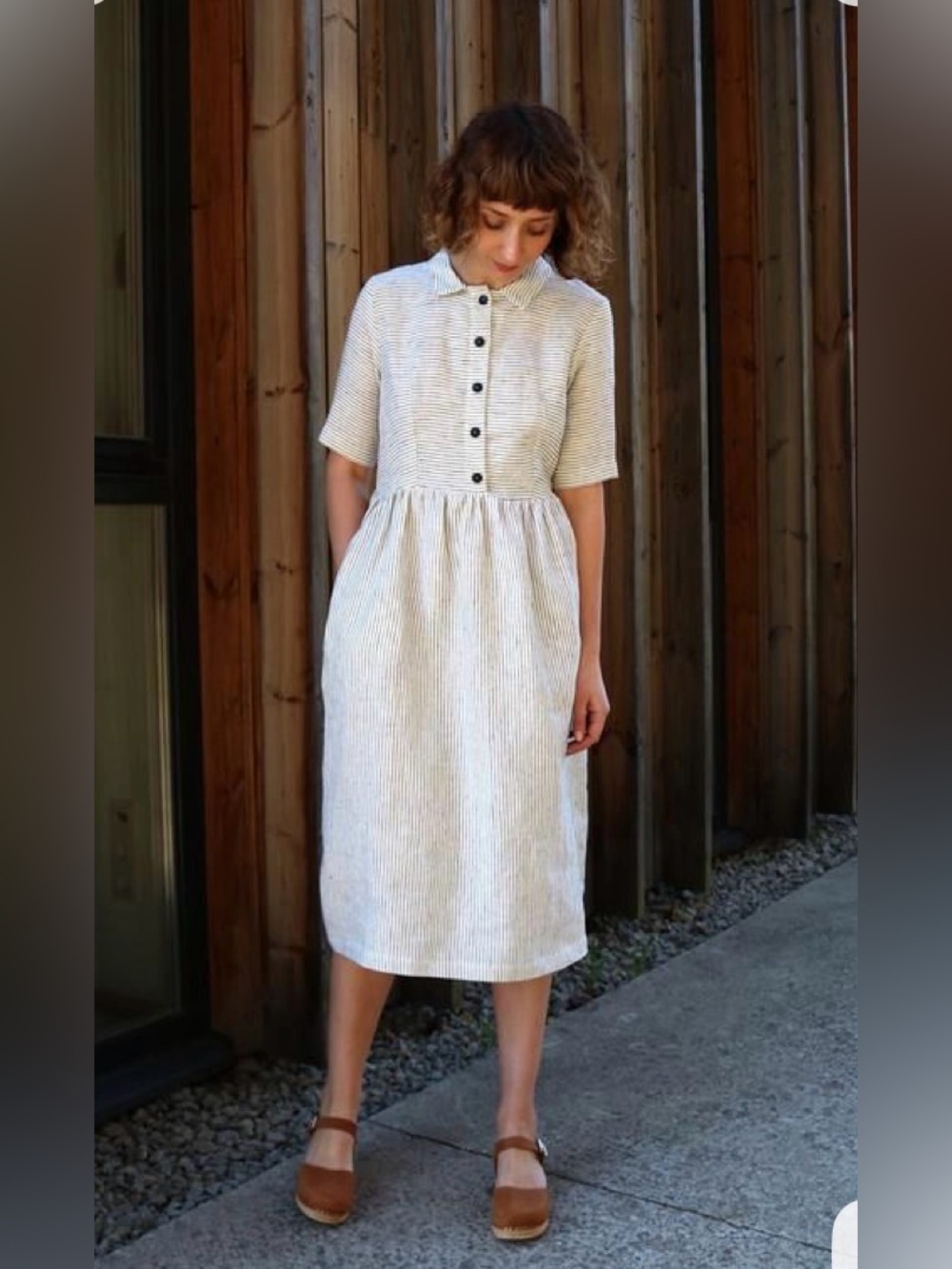 OffOn Linen Pleated Skirt Shirt Dress with pockets black/white stripe Lagenlook